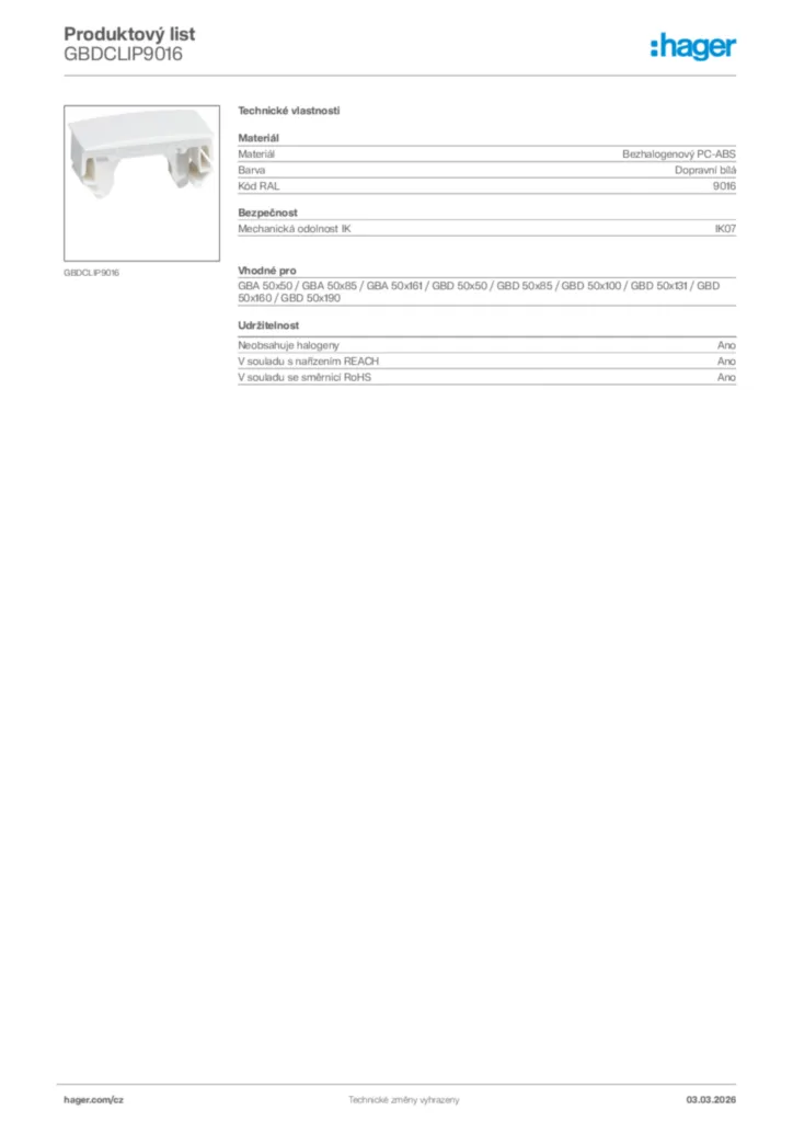 Obrázek Hager Product data sheet GBDCLIP9016 | Hager
