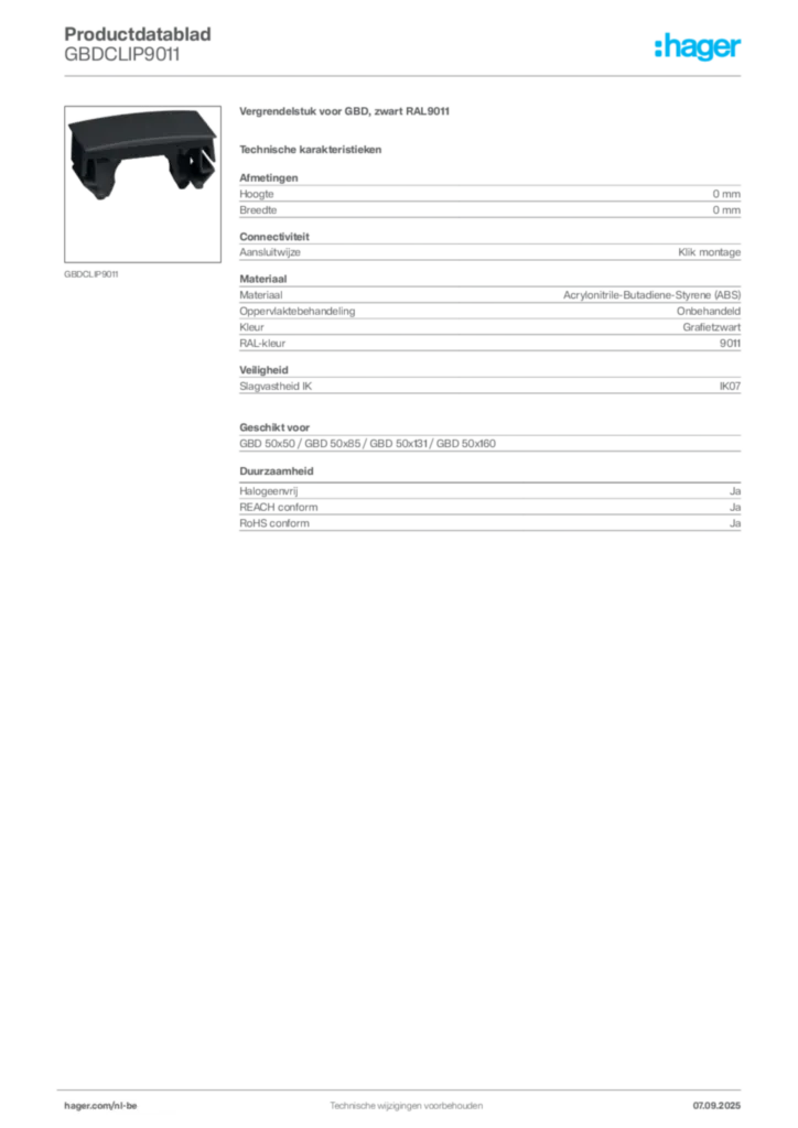 Afbeelding Hager Productdatablad GBDCLIP9011 | Hager Belgium