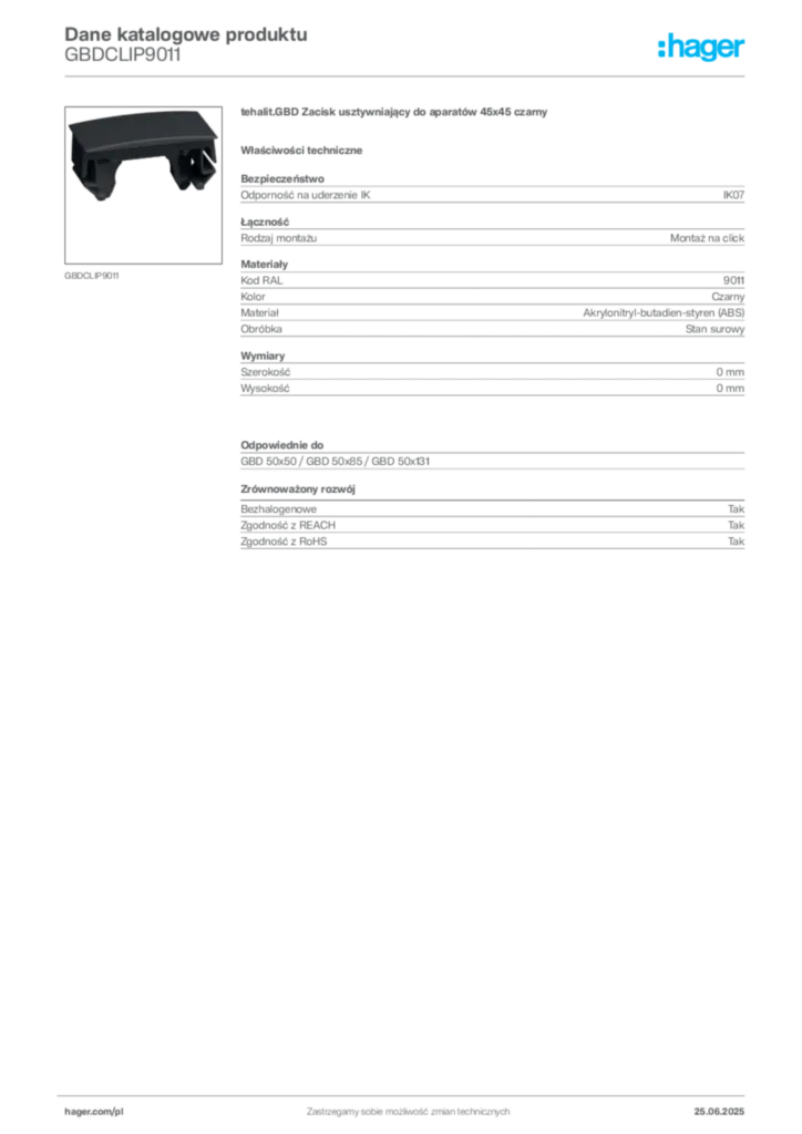Zdjęcie Hager Karta katalogowa GBDCLIP9011 | Hager Polska
