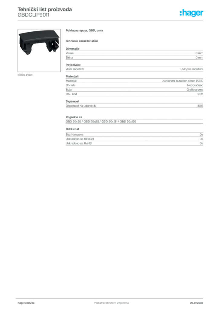Slika Hager Product data sheet GBDCLIP9011  | Hager