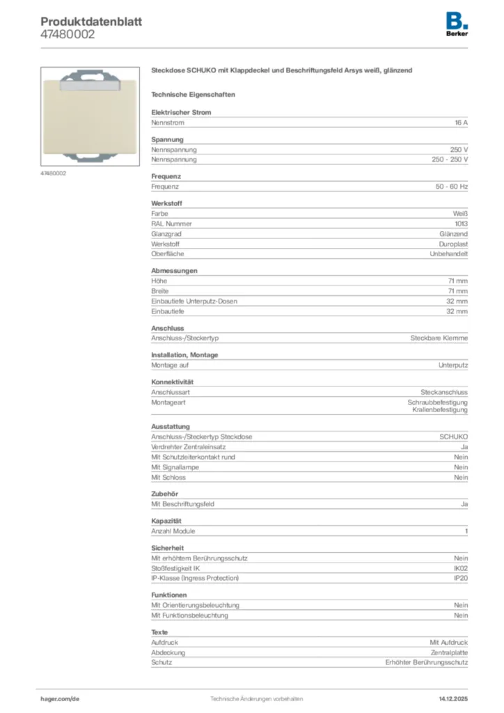 Bild Berker Produktdatenblatt 47480002 | Hager Deutschland