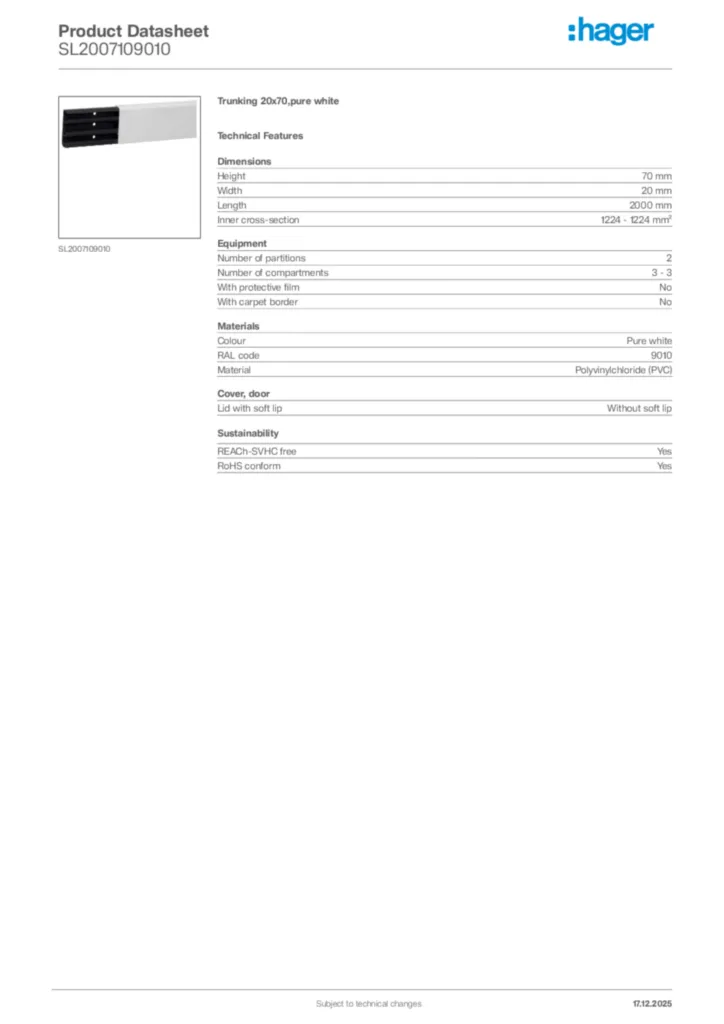 Image Hager Product data sheet SL2007109010  | Hager Africa