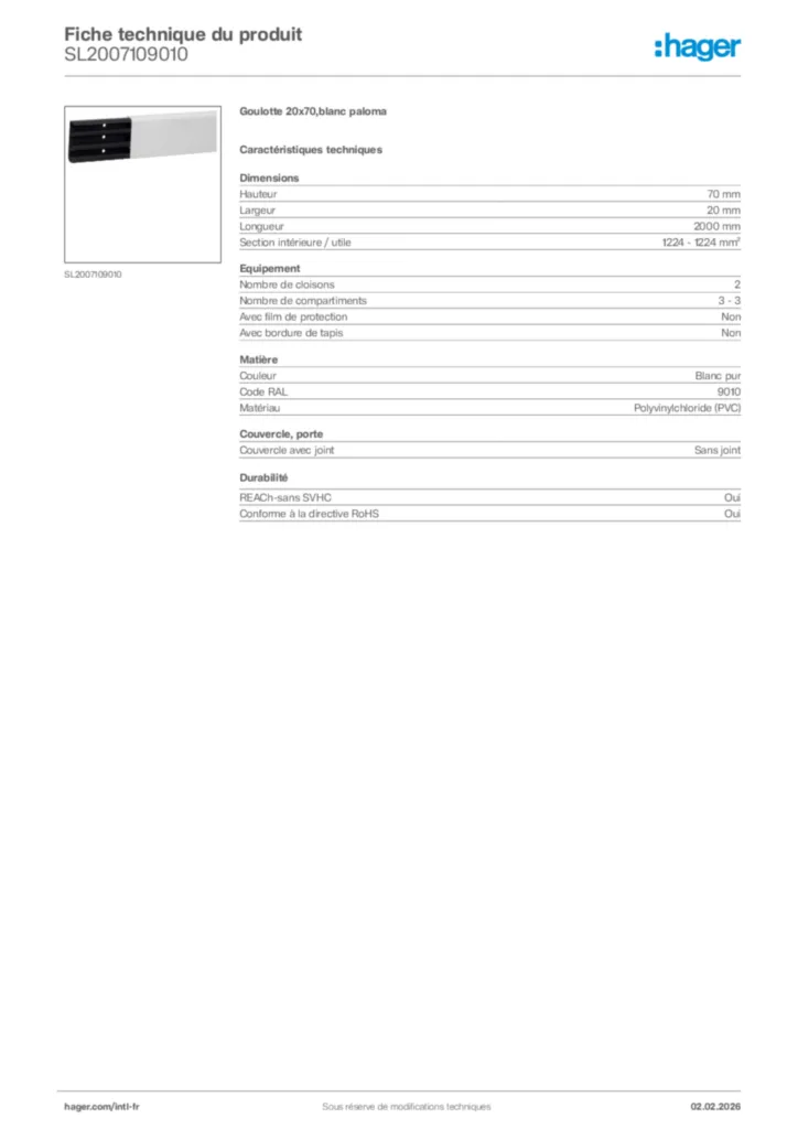 Image Hager Fiche technique du produit SL2007109010 | Hager Afrique