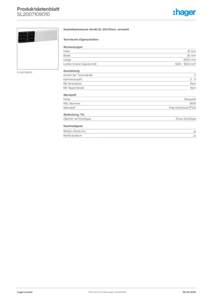 Bild Hager Produktdatenblatt SL2007109010 | Hager Deutschland