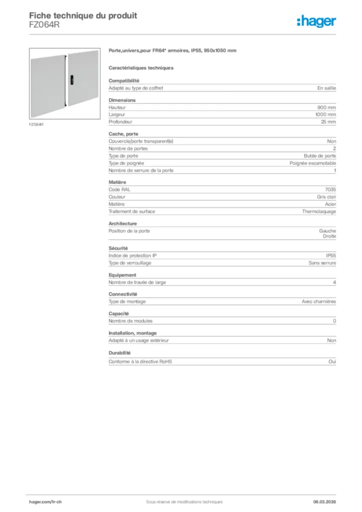 Image Hager Fiche technique du produit FZ064R | Hager Suisse