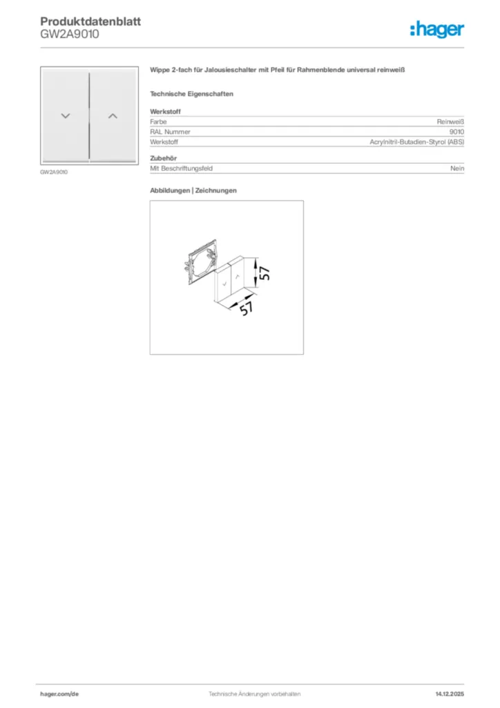 Bild Hager Produktdatenblatt GW2A9010 | Hager Deutschland