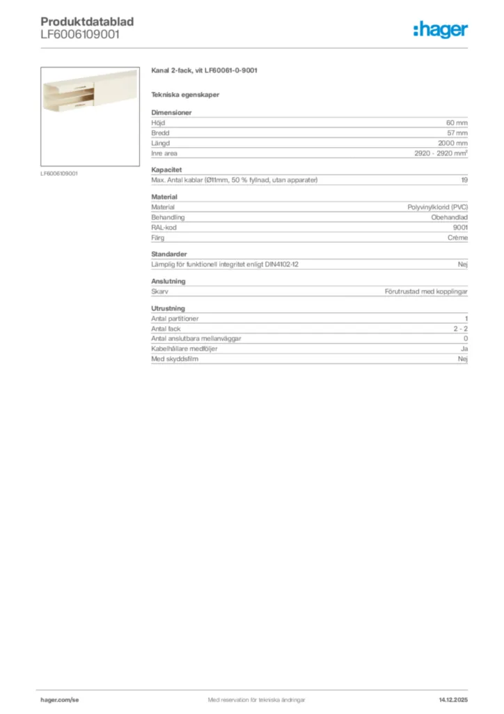 Bild Hager Produktdatablad LF6006109001 | Hager Sverige