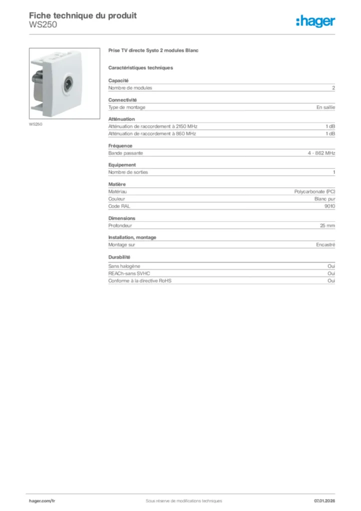 Image Hager Fiche technique du produit WS250 | Hager France
