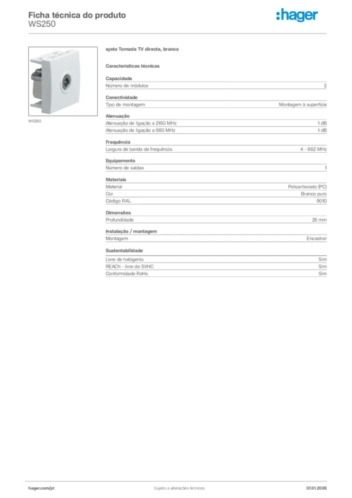 Imagem Hager Ficha técnica do produto WS250 | Hager Portugal