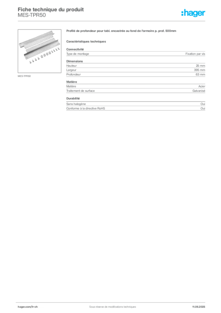 Image Hager Fiche technique du produit MES-TPR50 | Hager Suisse