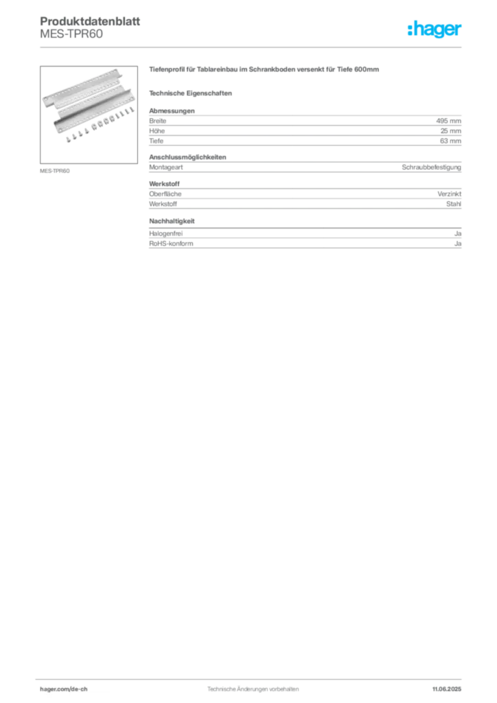 Bild Hager Produktdatenblatt MES-TPR60 | Hager Schweiz