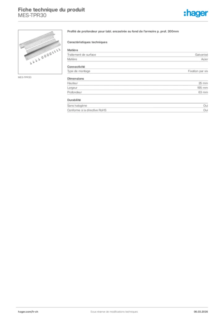 Image Hager Fiche technique du produit MES-TPR30 | Hager Suisse