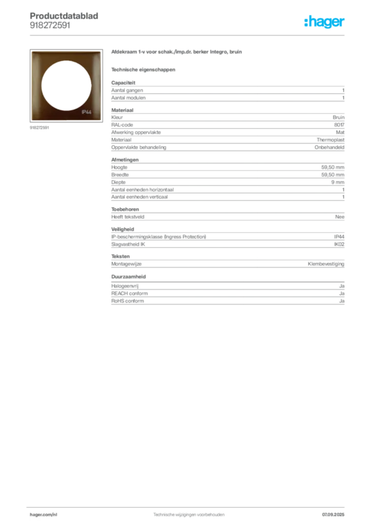 Afbeelding Hager Productdatablad 918272591 | Hager Nederland