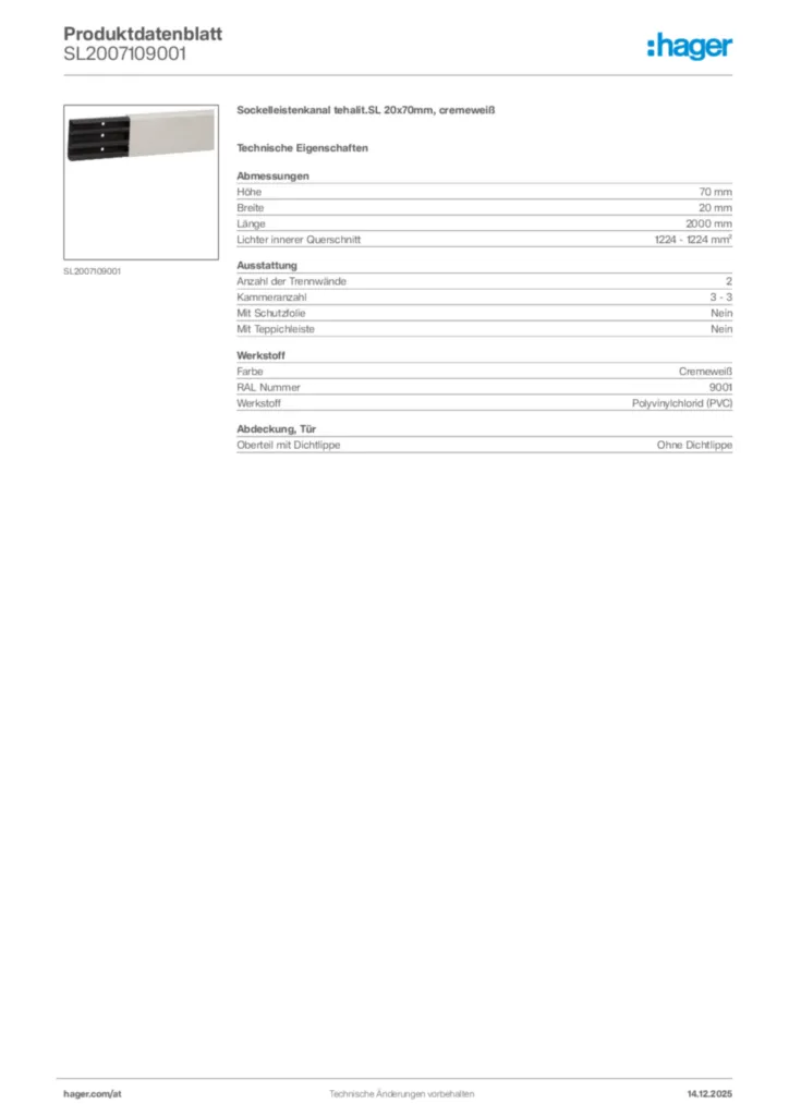 Bild Hager Produktdatenblatt SL2007109001 | Hager Deutschland