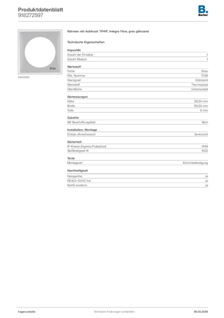 Bild Berker Produktdatenblatt 918272597 | Hager Deutschland