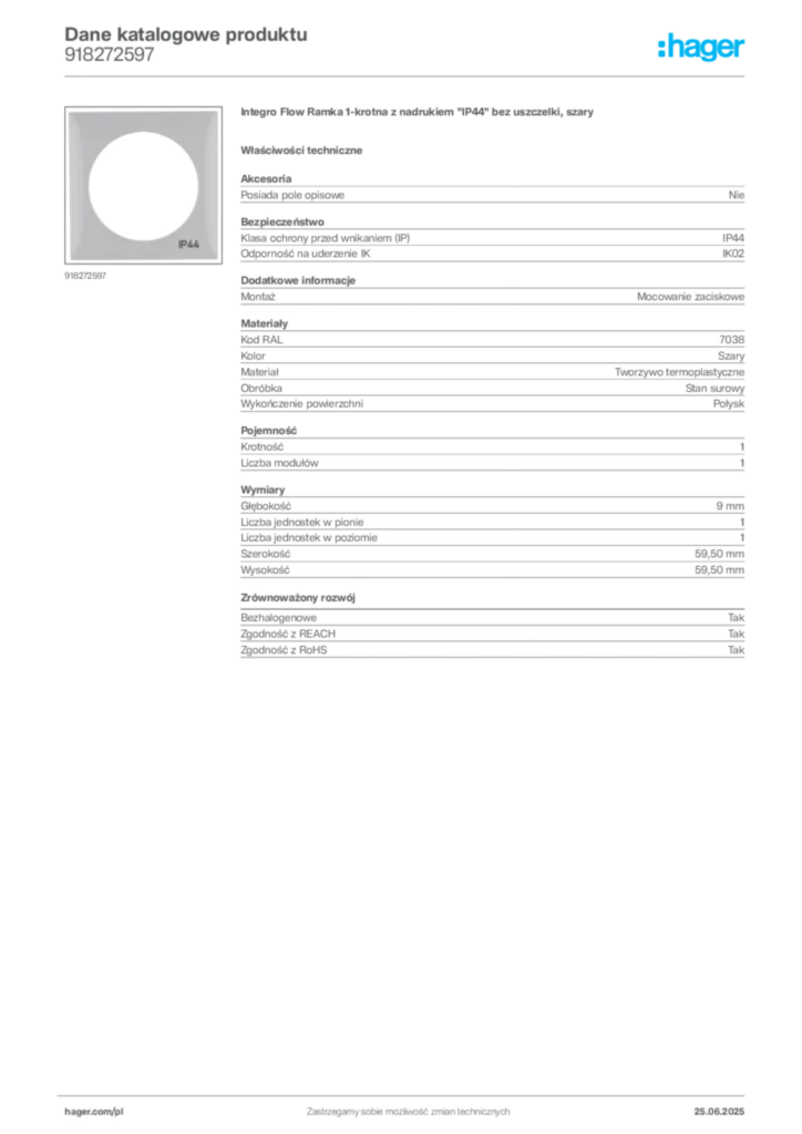 Zdjęcie Hager Karta katalogowa 918272597 | Hager Polska