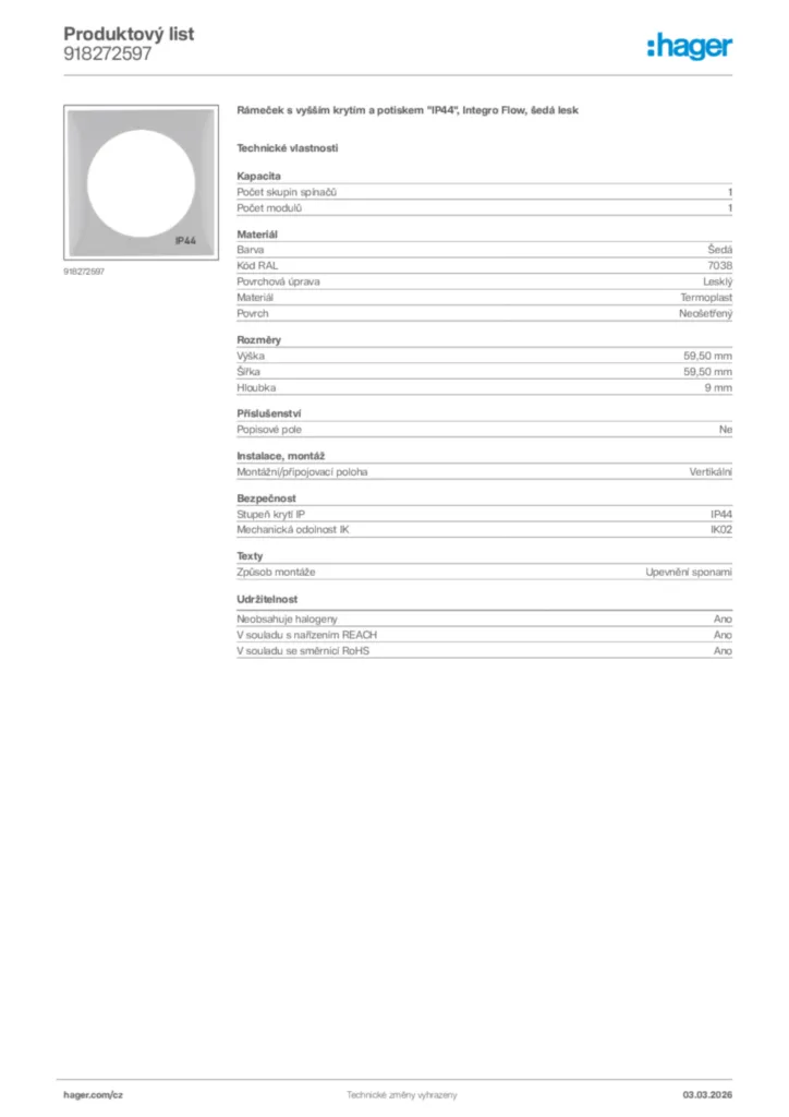 Obrázek Hager Product data sheet 918272597 | Hager