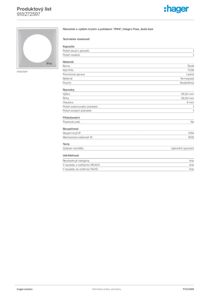 Obrázek Hager Produktový list 918272597 | Hager