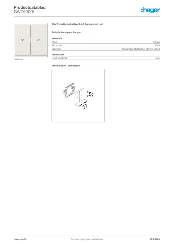 Afbeelding Hager Productdatablad GW2A9001 | Hager Nederland