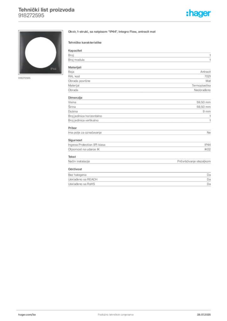 Slika Hager Product data sheet 918272595  | Hager