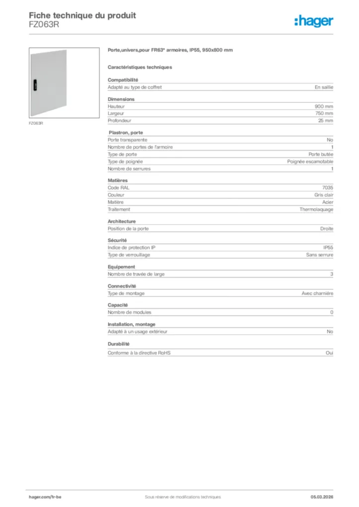 Image Hager Fiche technique du produit FZ063R | Hager Belgique