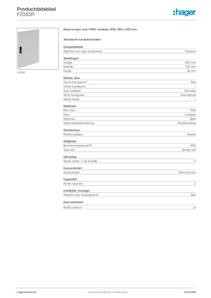 Afbeelding Hager Productdatablad FZ063R | Hager Belgium