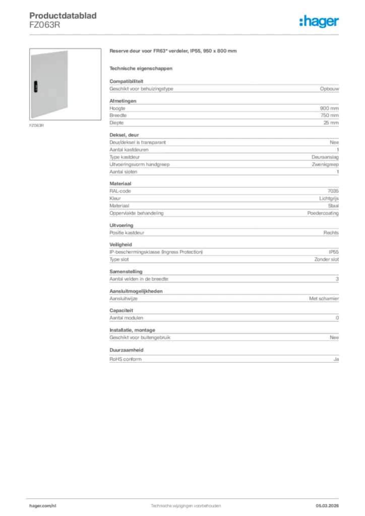 Afbeelding Hager Productdatablad FZ063R | Hager Nederland