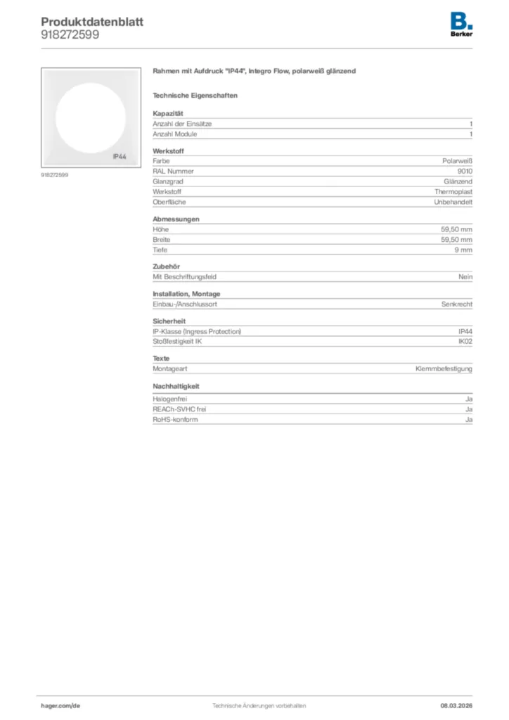 Bild Berker Produktdatenblatt 918272599 | Hager Deutschland