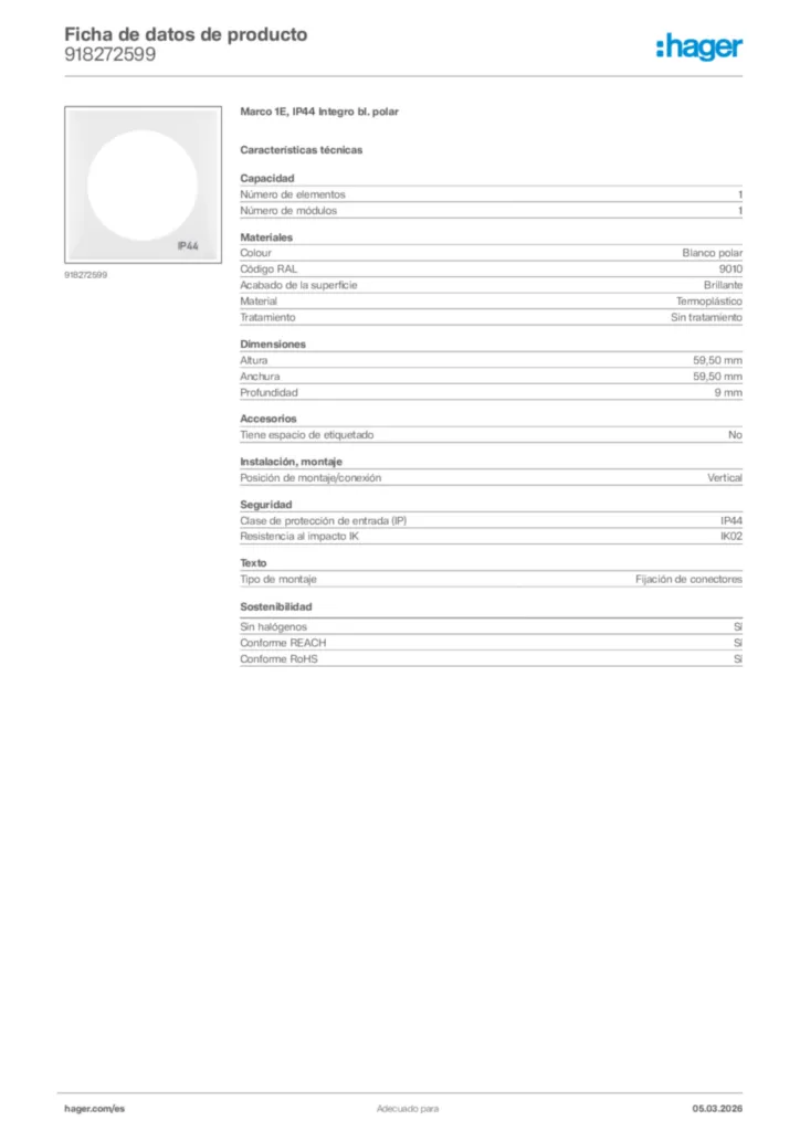 Imagen Hager Ficha de datos de producto 918272599 | Hager España