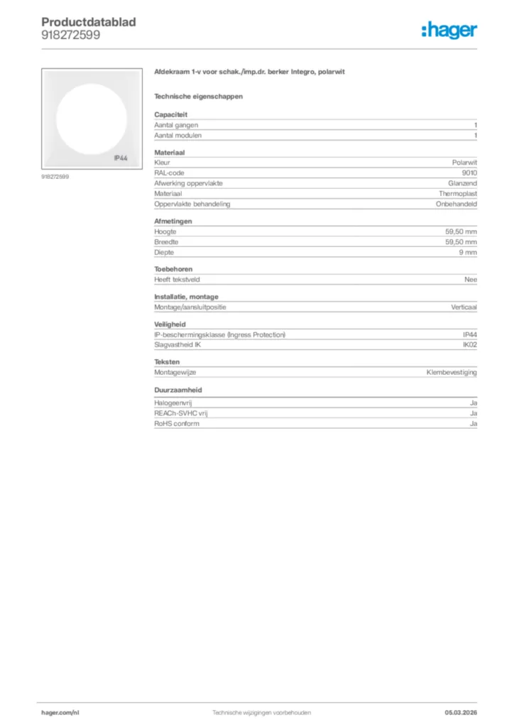 Afbeelding Hager Productdatablad 918272599 | Hager Nederland