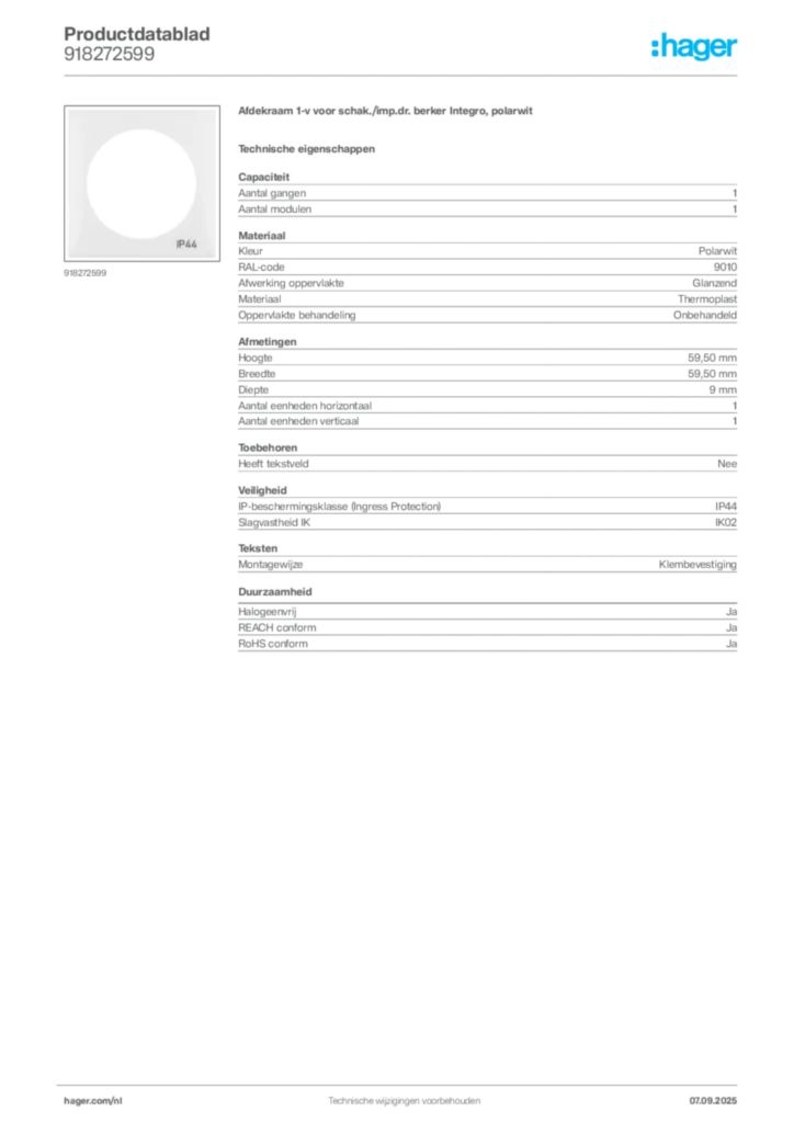 Afbeelding Hager Productdatablad 918272599 | Hager Nederland