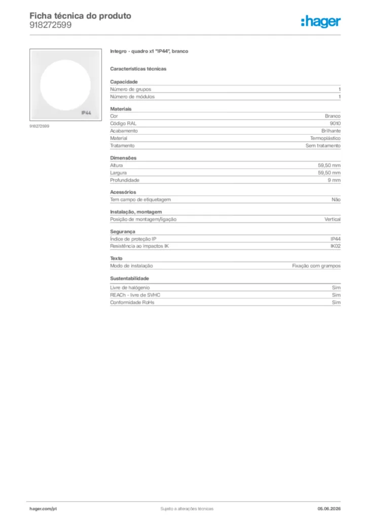 Imagem Hager Ficha técnica do produto 918272599 | Hager Portugal