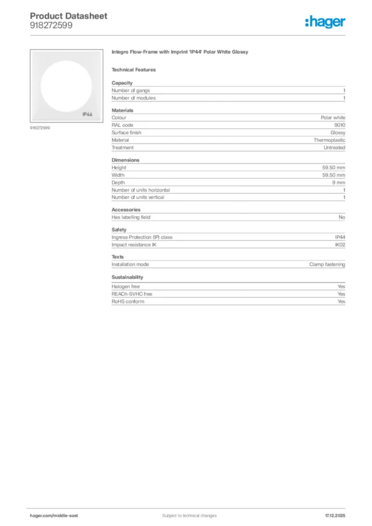 Image Hager Product data sheet 918272599  | Hager