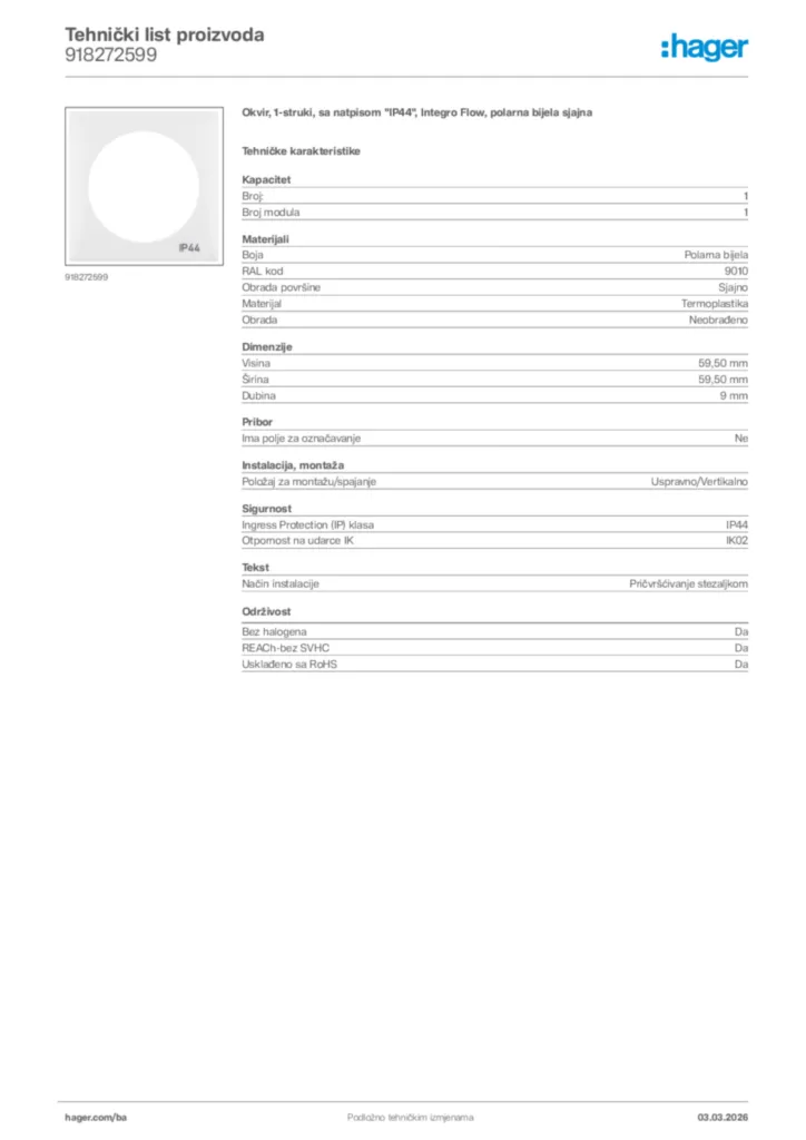 Slika Hager Tehnički list proizvoda 918272599  | Hager