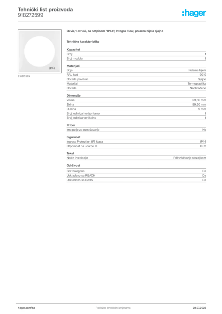 Slika Hager Product data sheet 918272599  | Hager