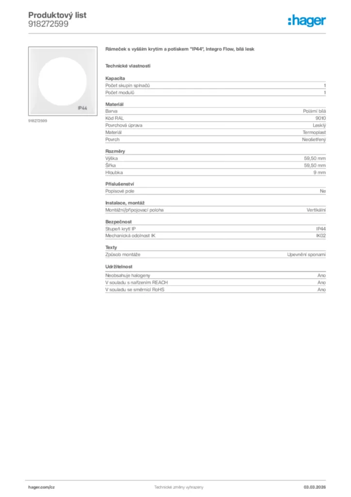 Obrázek Hager Product data sheet 918272599 | Hager