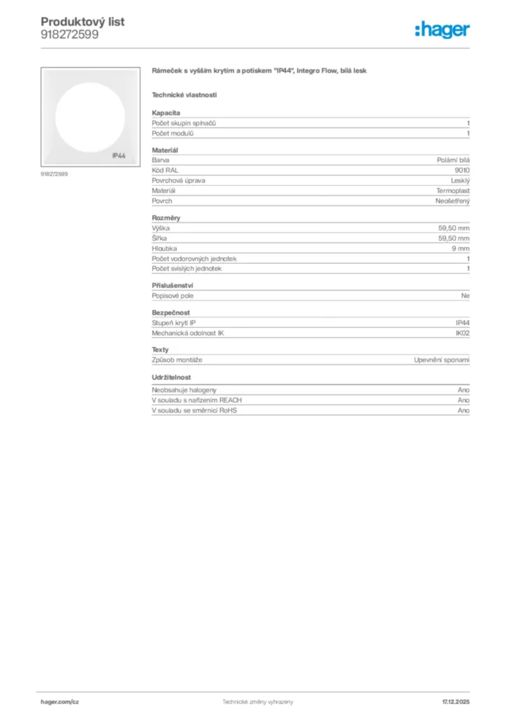 Obrázek Hager Produktový list 918272599 | Hager