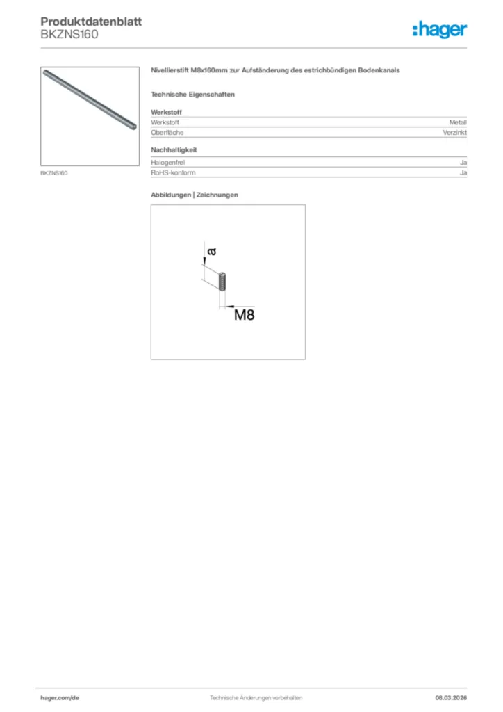 Bild Hager Produktdatenblatt BKZNS160 | Hager Deutschland