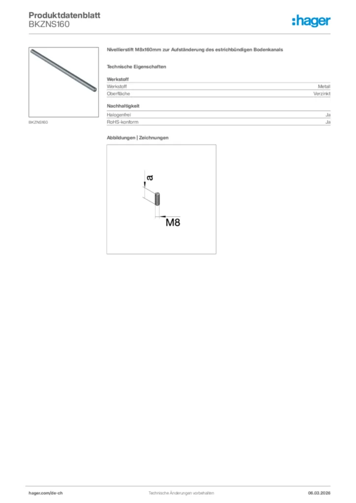 Bild Hager Produktdatenblatt BKZNS160 | Hager Schweiz