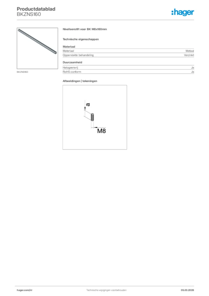 Afbeelding Hager Productdatablad BKZNS160 | Hager Nederland
