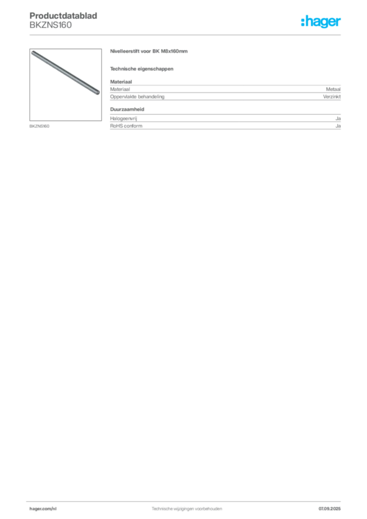 Afbeelding Hager Productdatablad BKZNS160 | Hager Nederland