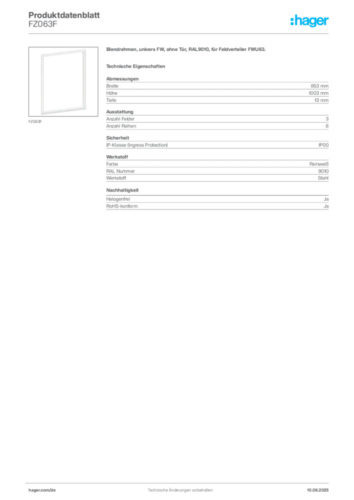 Bild Hager Produktdatenblatt FZ063F | Hager Deutschland