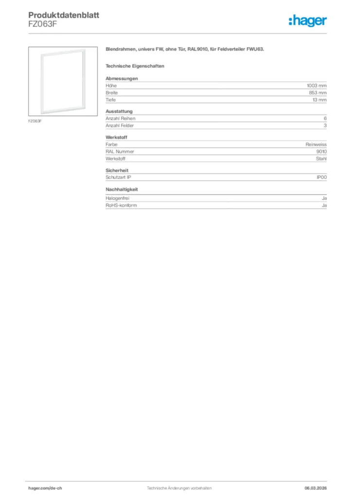 Bild Hager Produktdatenblatt FZ063F | Hager Schweiz