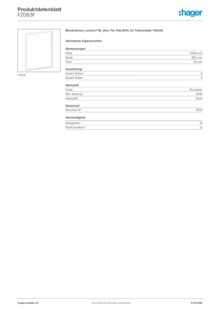 Bild Hager Produktdatenblatt FZ063F | Hager Schweiz
