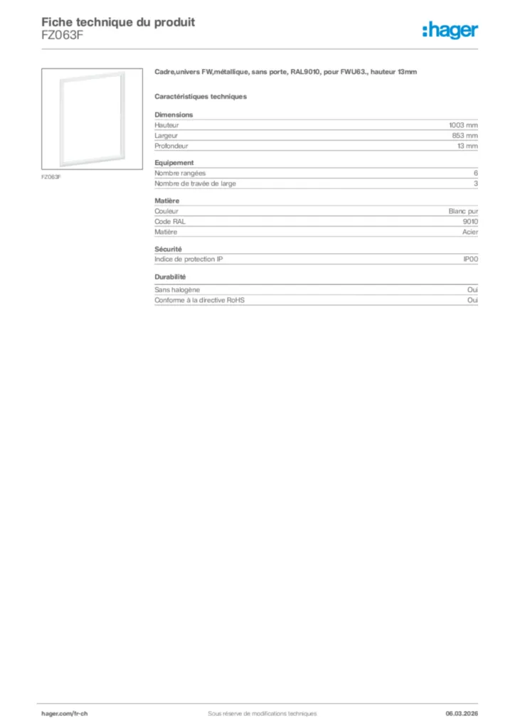 Image Hager Fiche technique du produit FZ063F | Hager Suisse