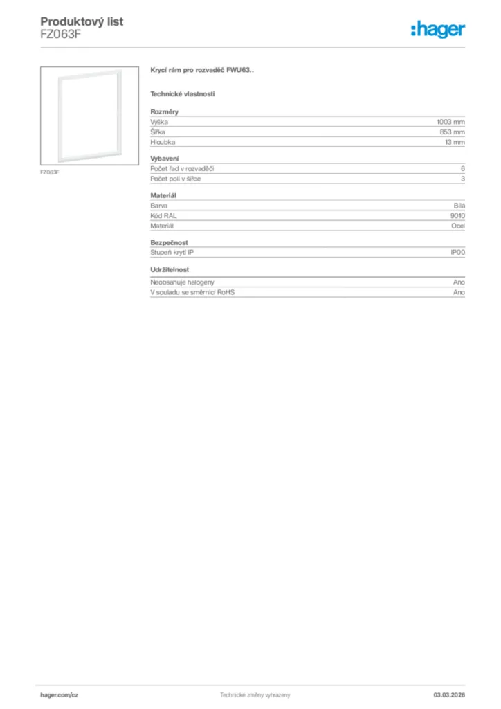 Obrázek Hager Product data sheet FZ063F | Hager
