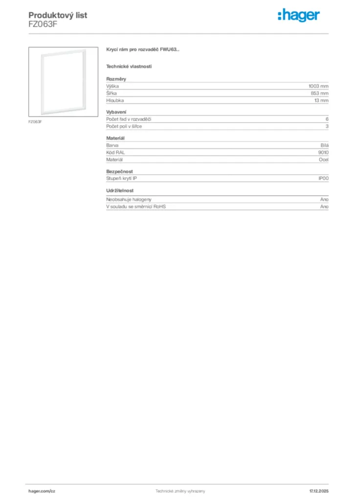 Obrázek Hager Produktový list FZ063F | Hager