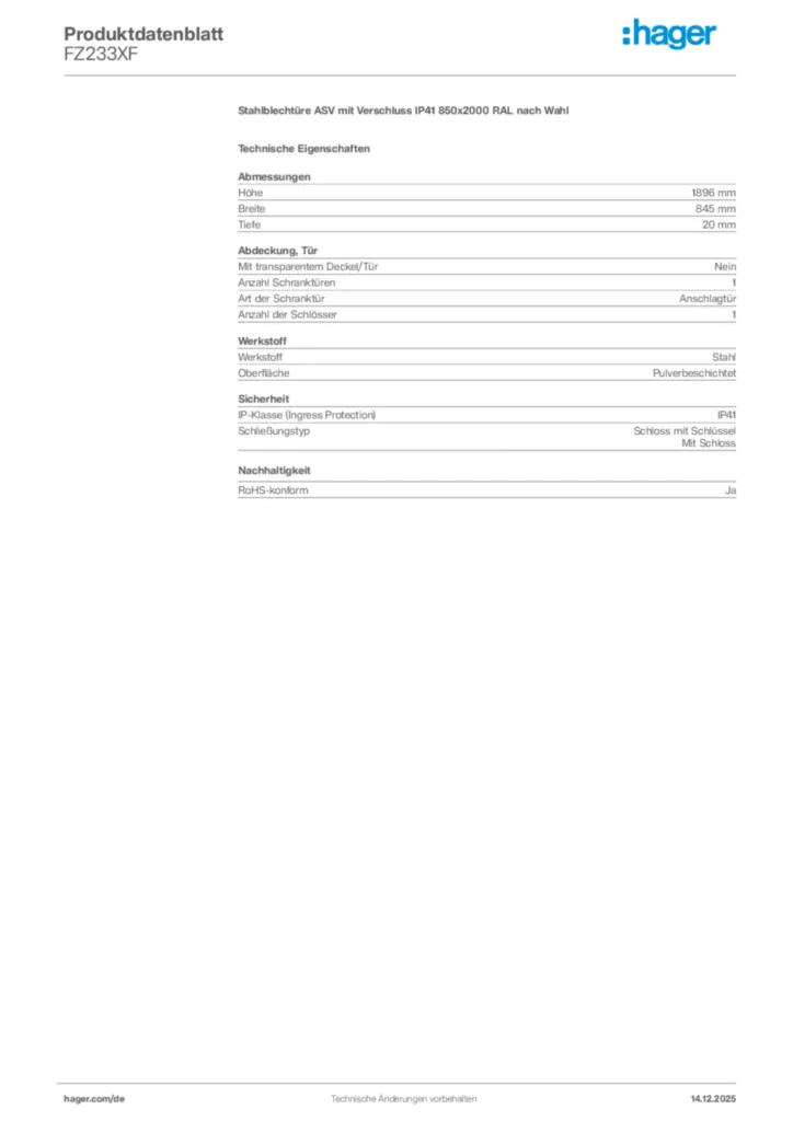 Bild Hager Produktdatenblatt FZ233XF | Hager Deutschland