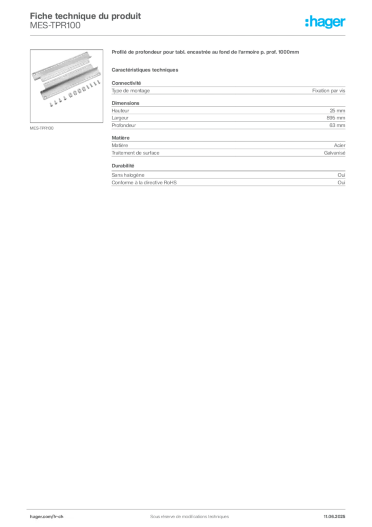 Image Hager Fiche technique du produit MES-TPR100 | Hager Suisse