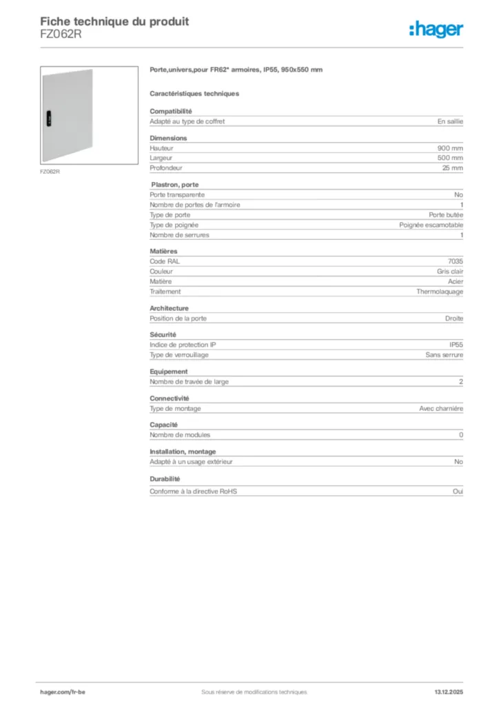 Image Hager Fiche technique du produit FZ062R | Hager Belgique